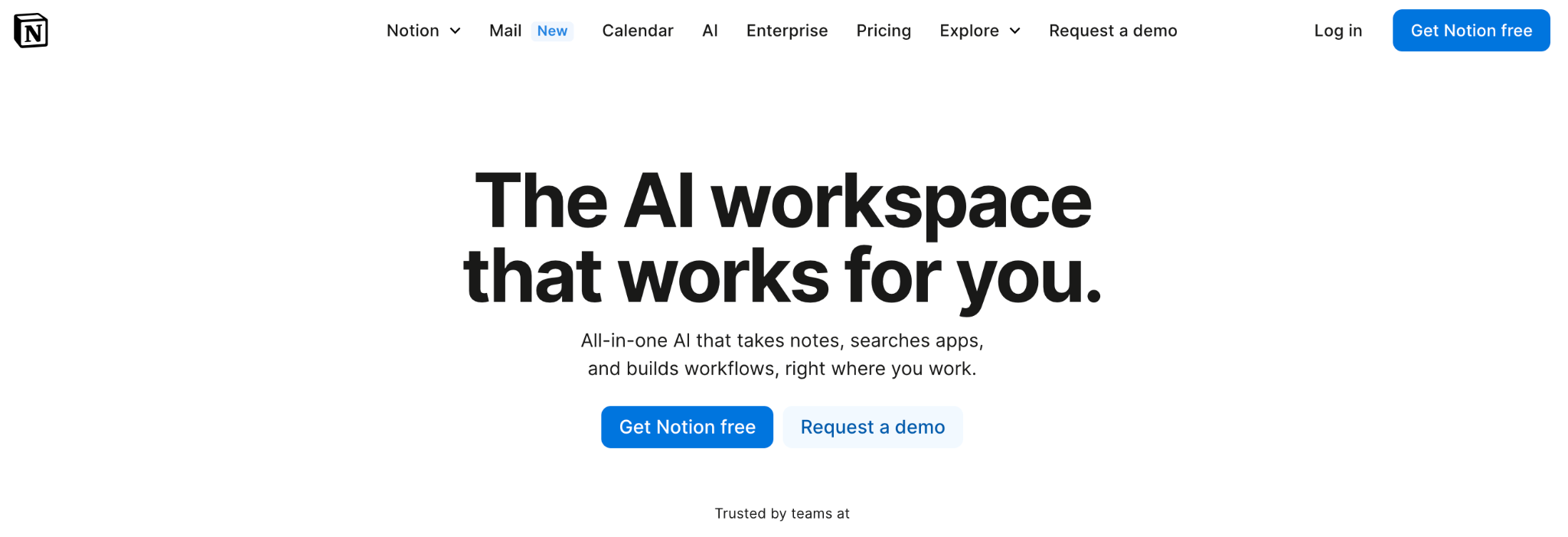 Notion AI homepage – AI productivity tools example